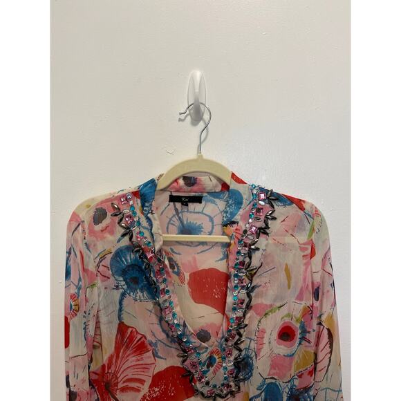 Koi Sheer Embellished Jewels Multicolor Long Sleeve Pullover Tunic Top - Picture 4 of 8